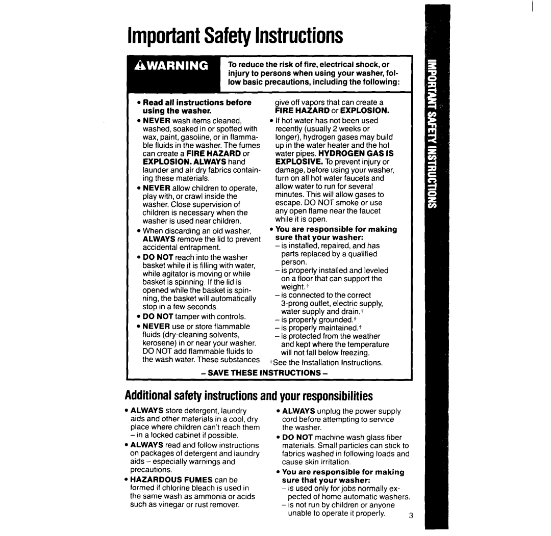 Whirlpool 6LA6300xY manual ImportantSafetyInstructions, Additionalsafetyinstructionsandyourresponsibilities 