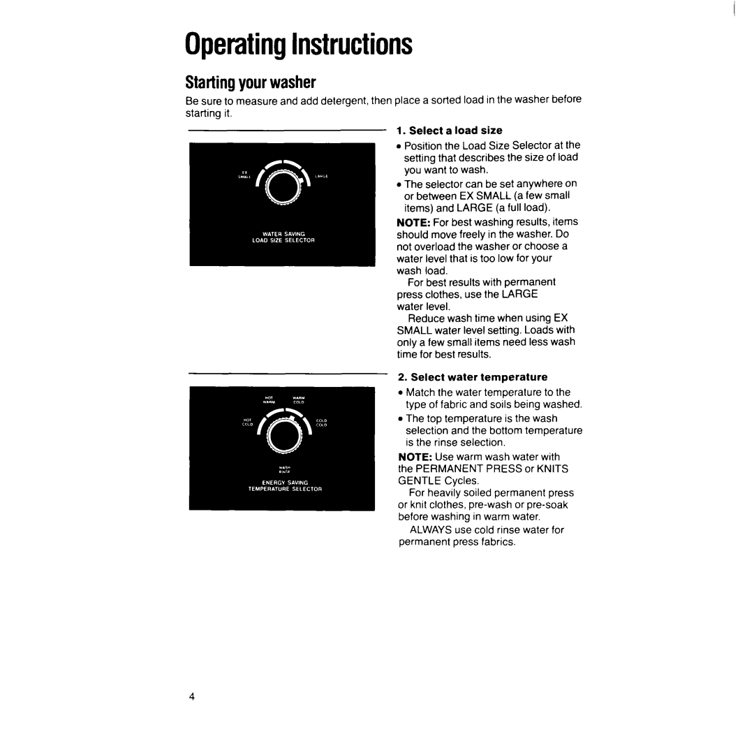 Whirlpool 6LA6300xY manual OperatingInstructions, Startingyourwasher, Permanent press fabrics 