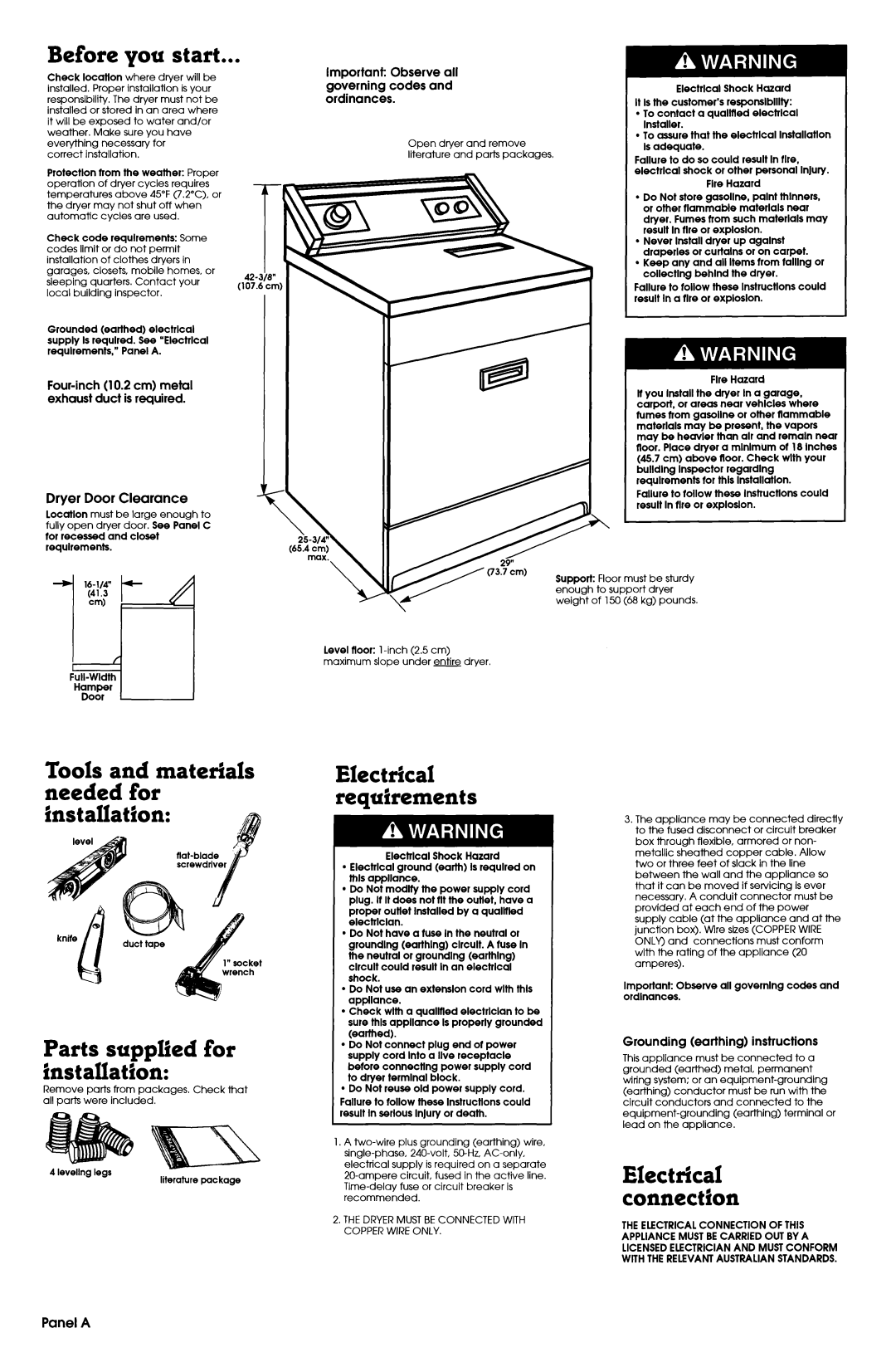 Whirlpool 6LE5700XSW0 Before you start, Electrical requirements, Elect&al connection, Dryer Door Clearance, Panel a 