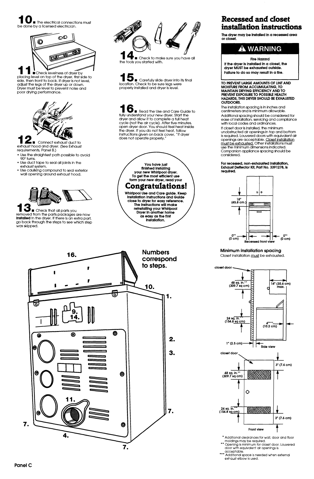 Whirlpool 6LE5700XSW0 Congratulations, Recessedand closet installation instructions, Panel C, Minimum installation spacing 