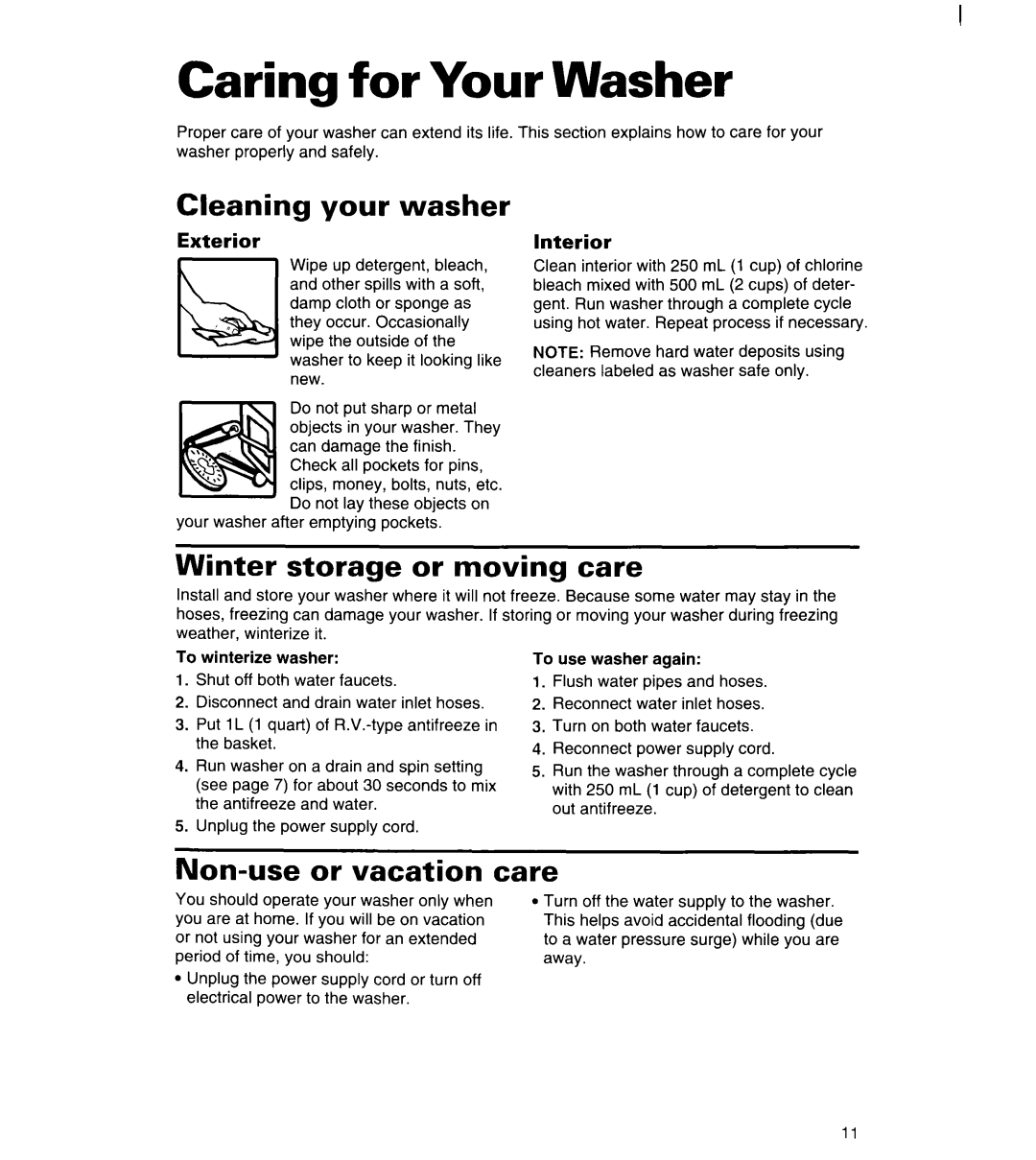 Whirlpool 6LSC9255BQ0 warranty Caring for Your Washer, Cleaning, Your washer, Winter storage or moving care 