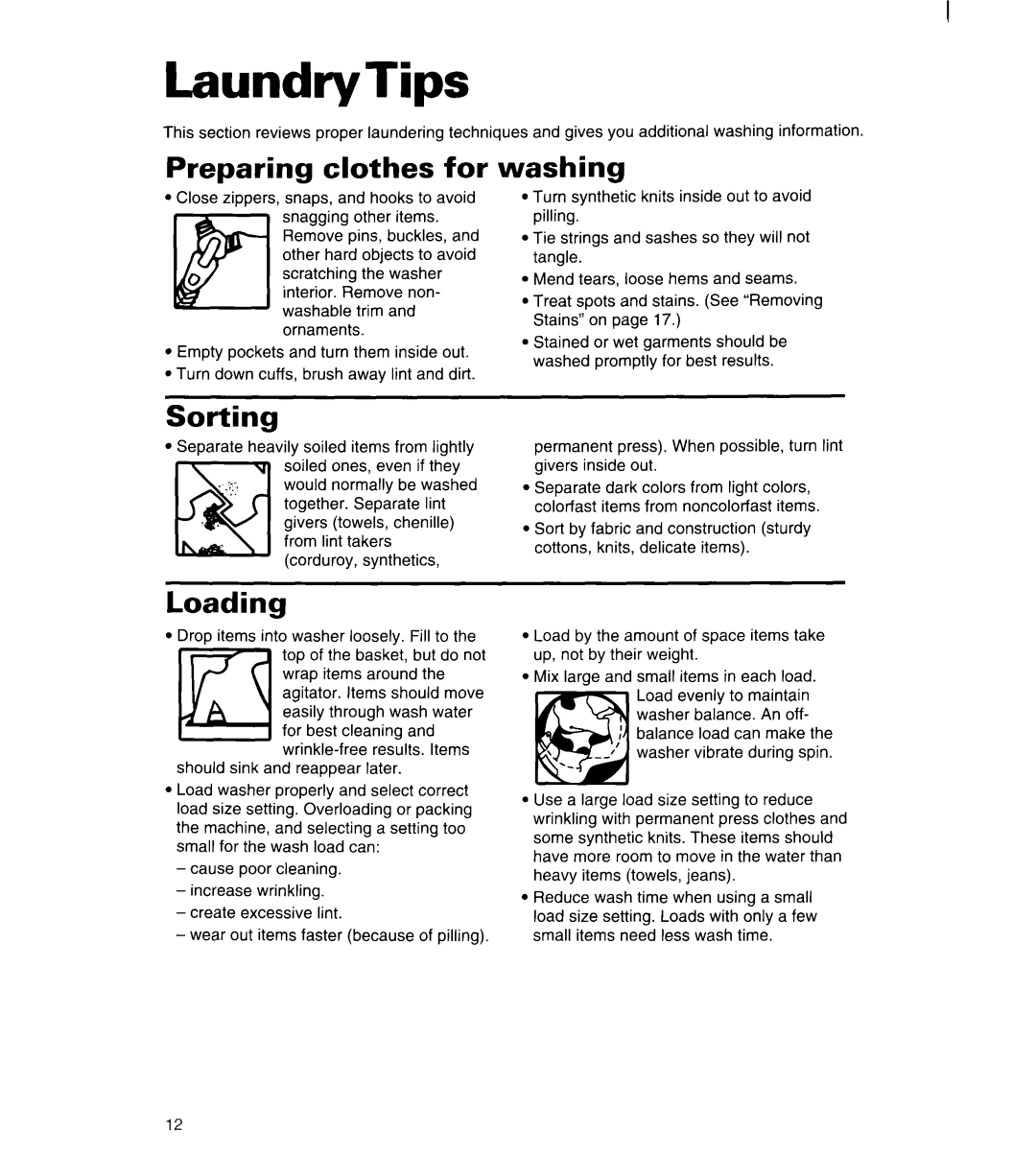 Whirlpool 6LSC9255BQ0 warranty LaundryTips, Preparing clothes for, Washing, Sorting, Loading 