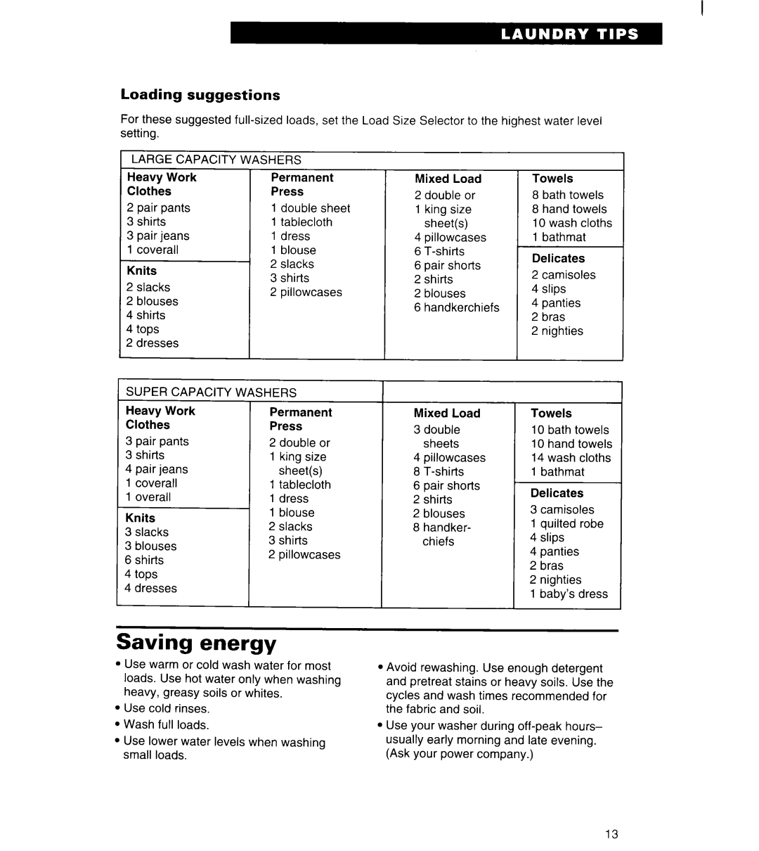 Whirlpool 6LSC9255BQ0 warranty Saving energy, Loading suggestions, Large Capacity Washers 