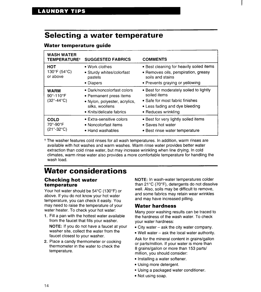 Whirlpool 6LSC9255BQ0 warranty Selecting Water Temperature, Water considerations 