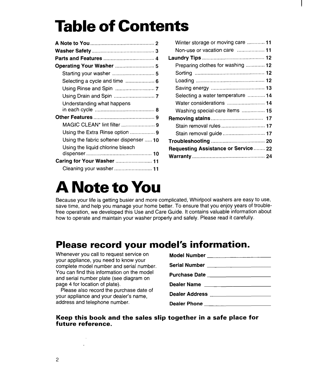 Whirlpool 6LSC9255BQ0 warranty Table of Contents 