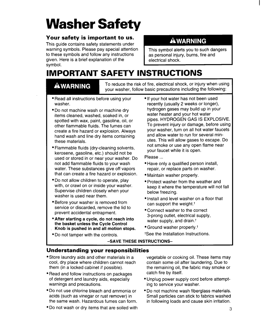 Whirlpool 6LSC9255BQ0 warranty Washer Safety, Your safety is important to us, Understanding your responsibilities 