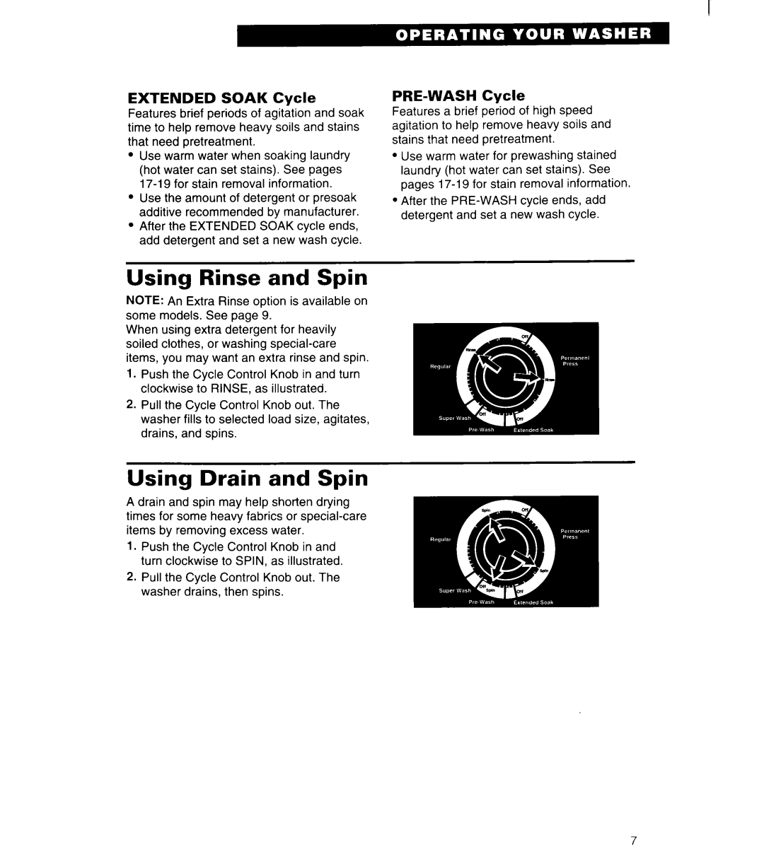 Whirlpool 6LSC9255BQ0 warranty Using Rinse and Spin, Using Drain and Spin, Extended Soak Cycle, PRE-WASH Cycle 