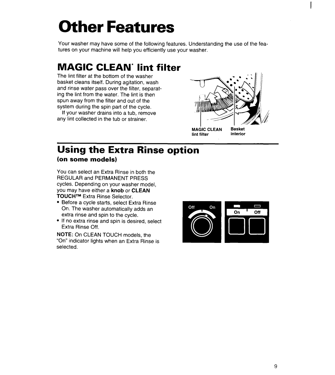 Whirlpool 6LSC9255BQ0 warranty Other Features, Magic CLEAN* lint filter, Using the Extra Rinse option, On some models 