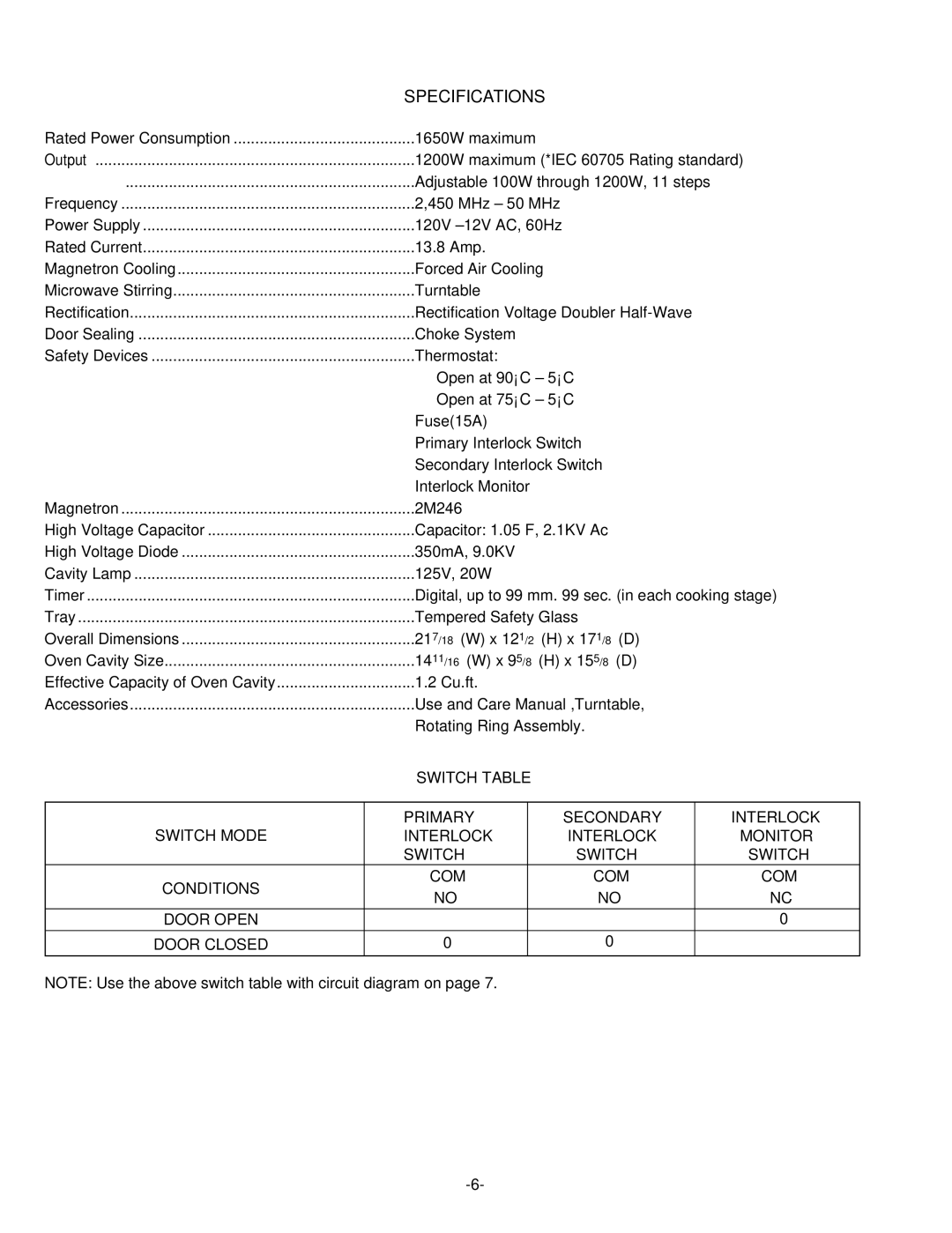 Whirlpool 721.663398 manual Specifications, Switch Table 