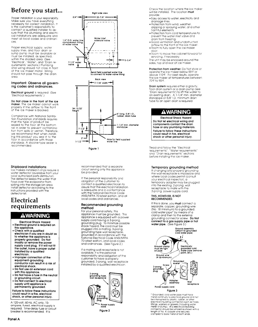 Whirlpool 759105-U manual Before you start, Electrical requirements, Shipboard installations, grounding, method, Panel A 