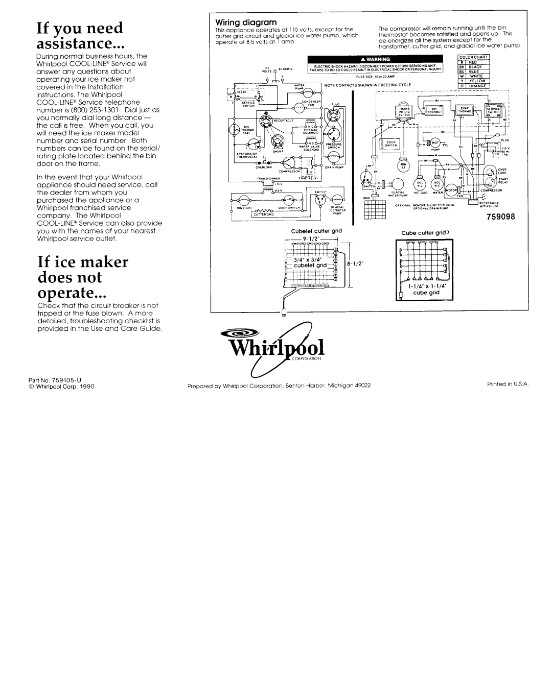 Whirlpool 759105-U manual If you need assistance, If ice maker does not operate, Wiring diagram 