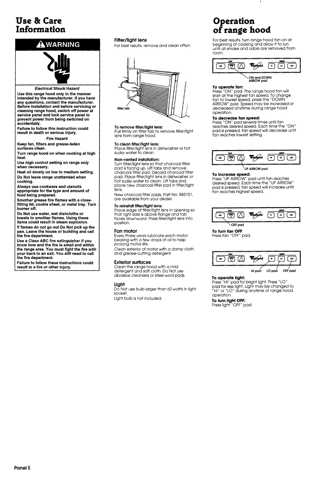 Whirlpool 761883306 manual Use & Care Information, Operation Range hood 