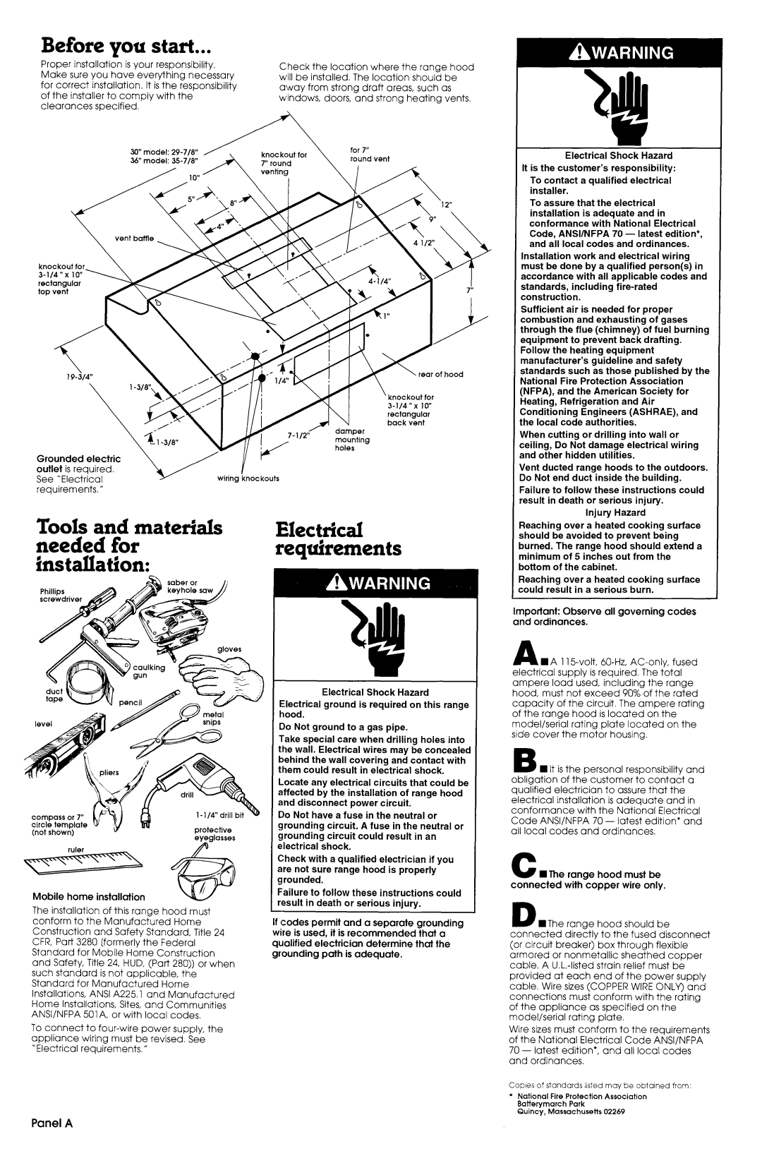 Whirlpool 761883306 manual Before you start, Tools and materials Electrical, needed forrequirements installation, Panel A 