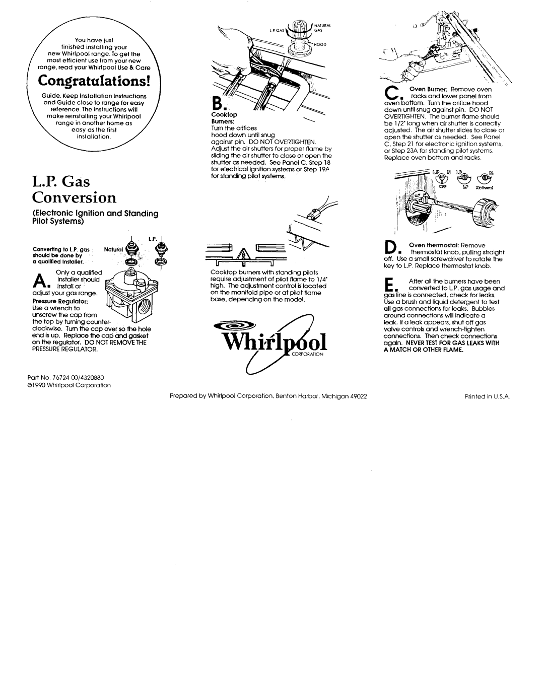 Whirlpool 76724.CO/4320880 Congratulations, LX Gas Conversion, Electronic Ignition and Standing Pilot Systems, TKifl 
