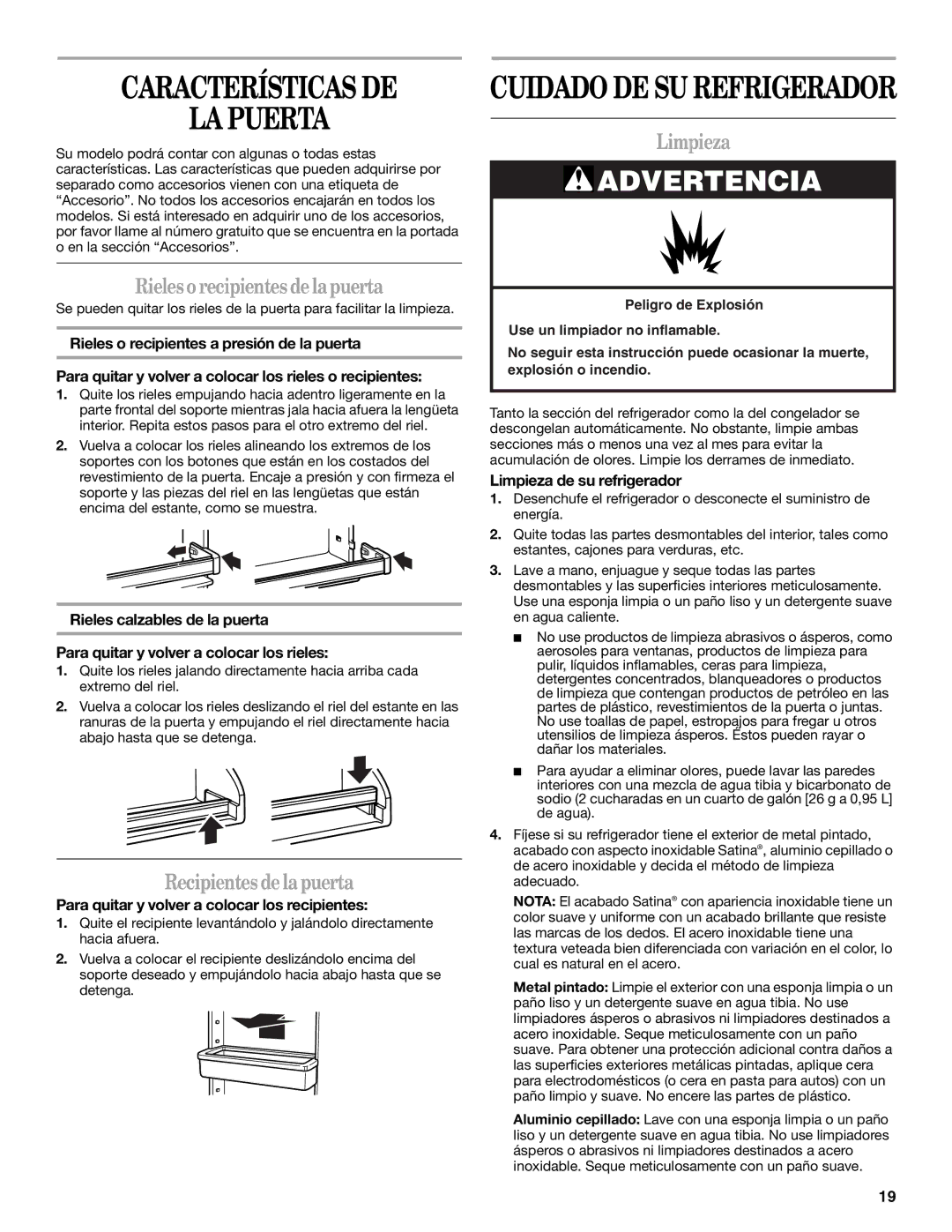 Whirlpool WD2040Q Características DE LA Puerta, Rieles o recipientes de la puerta, Recipientes de la puerta, Limpieza 