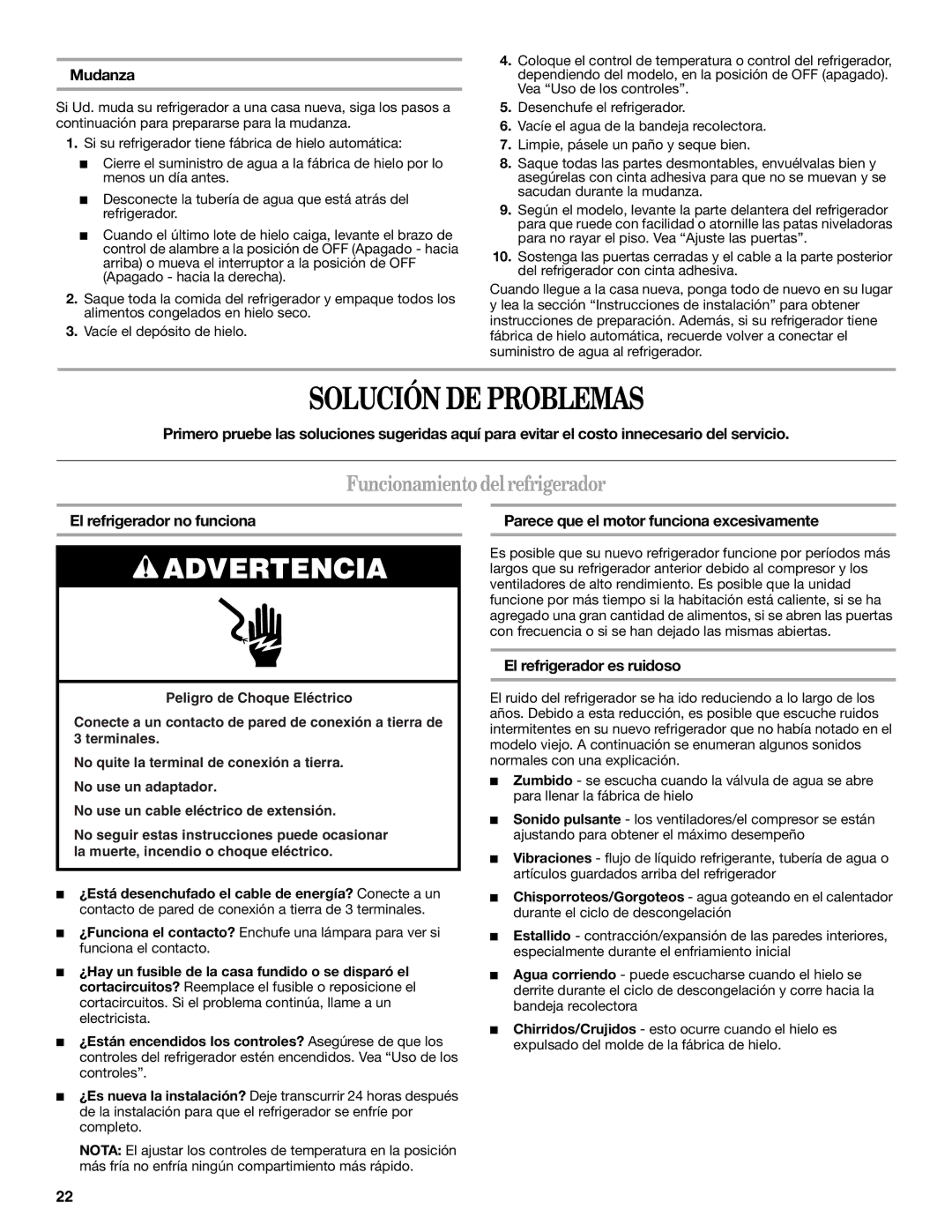 Whirlpool 7ED2HCQ, 7ED5HHE, 7ED5VHE, 7ED2HTQ, WD2040Q manual Solución DE Problemas, Funcionamiento delrefrigerador 