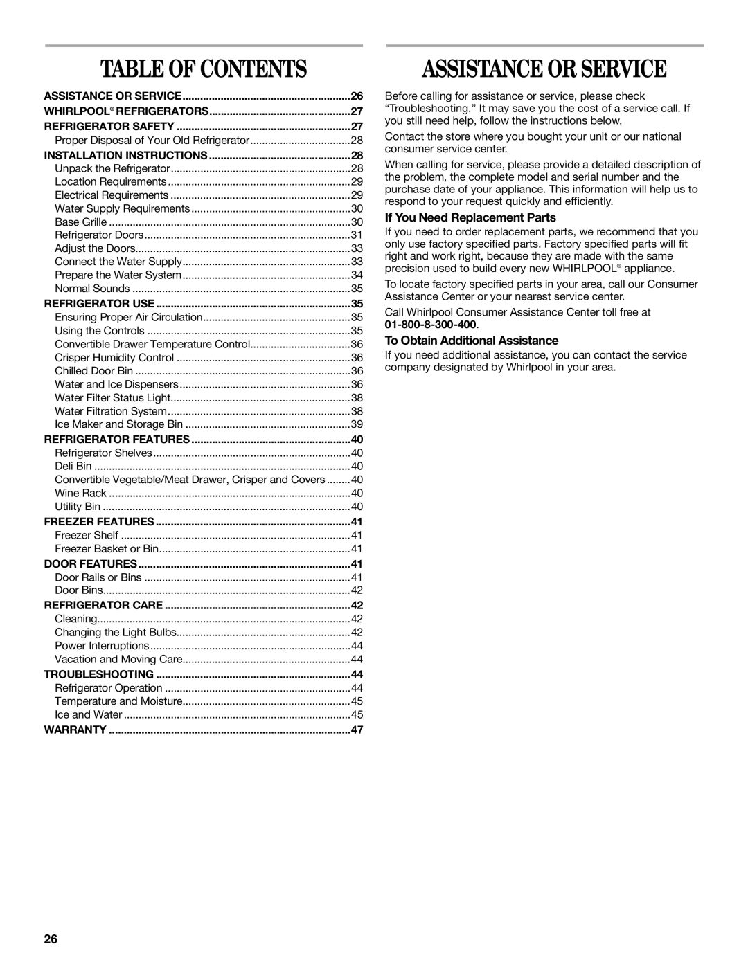 Whirlpool 7ED5VHE, 7ED5HHE, 7ED2HCQ, 7ED2HTQ, WD2040Q manual Assistance or Service, Table of Contents 