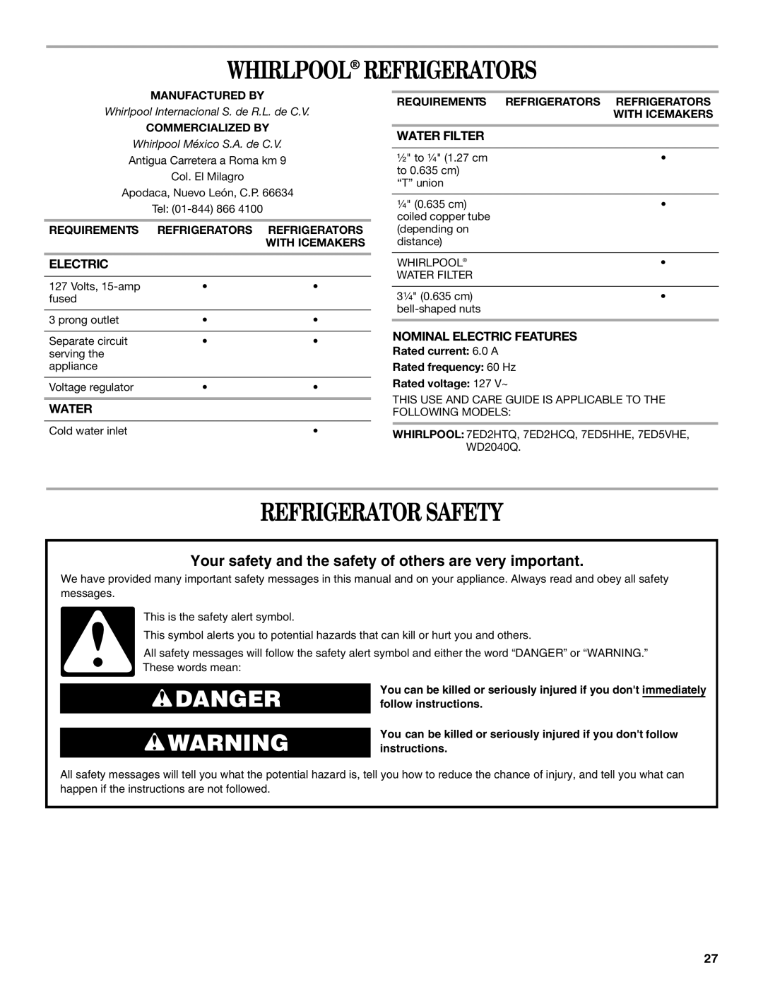 Whirlpool 7ED2HCQ, 7ED5HHE, 7ED5VHE, 7ED2HTQ, WD2040Q manual Whirlpool Refrigerators, Refrigerator Safety 