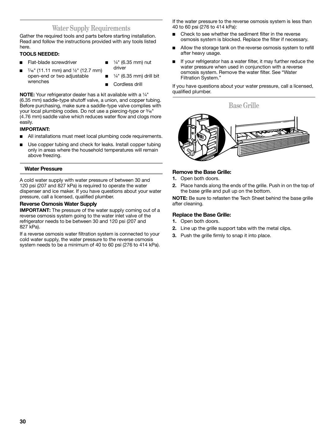 Whirlpool 7ED5HHE, 7ED5VHE, 7ED2HCQ, 7ED2HTQ, WD2040Q manual Water Supply Requirements, Base Grille 