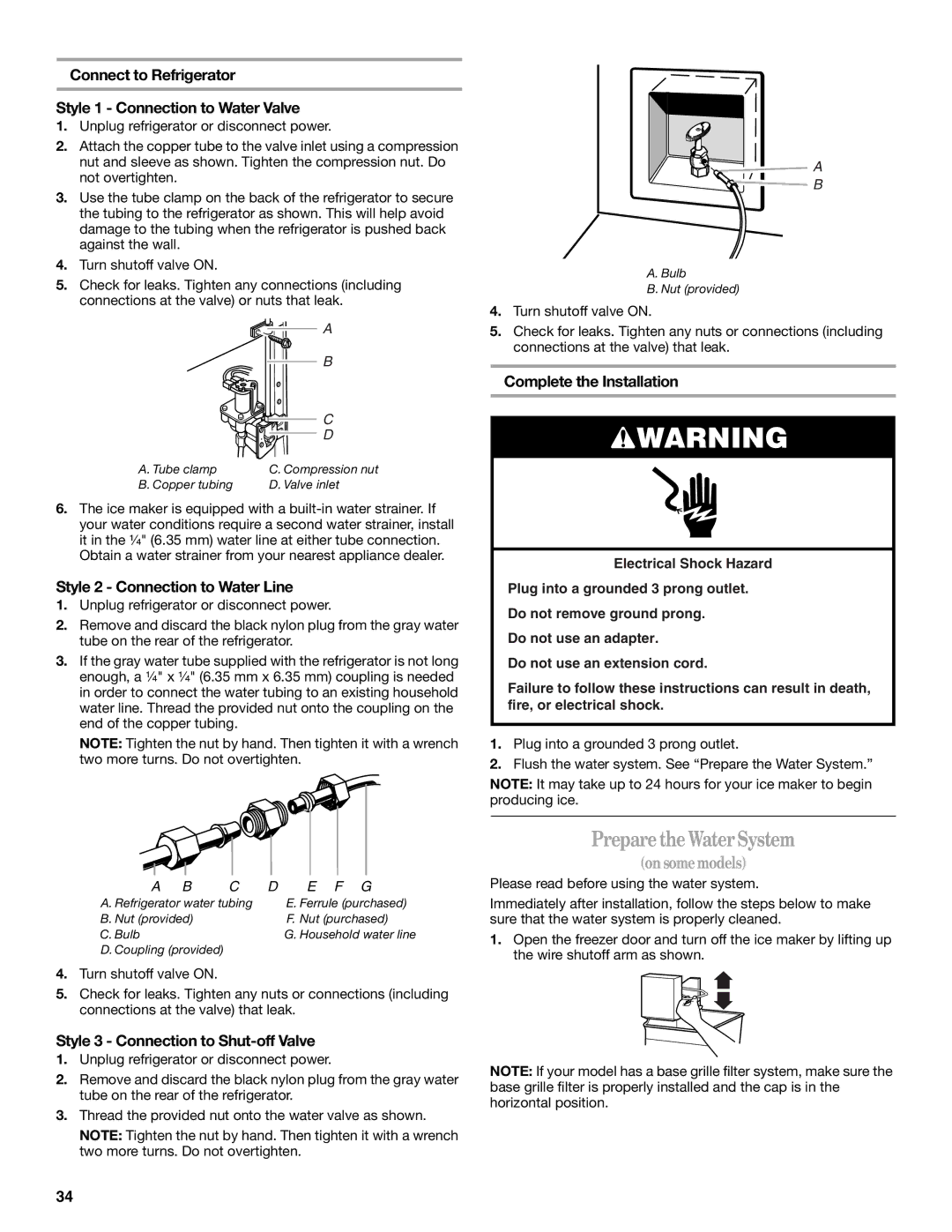 Whirlpool WD2040Q, 7ED5HHE, 7ED5VHE Prepare the Water System, Connect to Refrigerator Style 1 Connection to Water Valve 