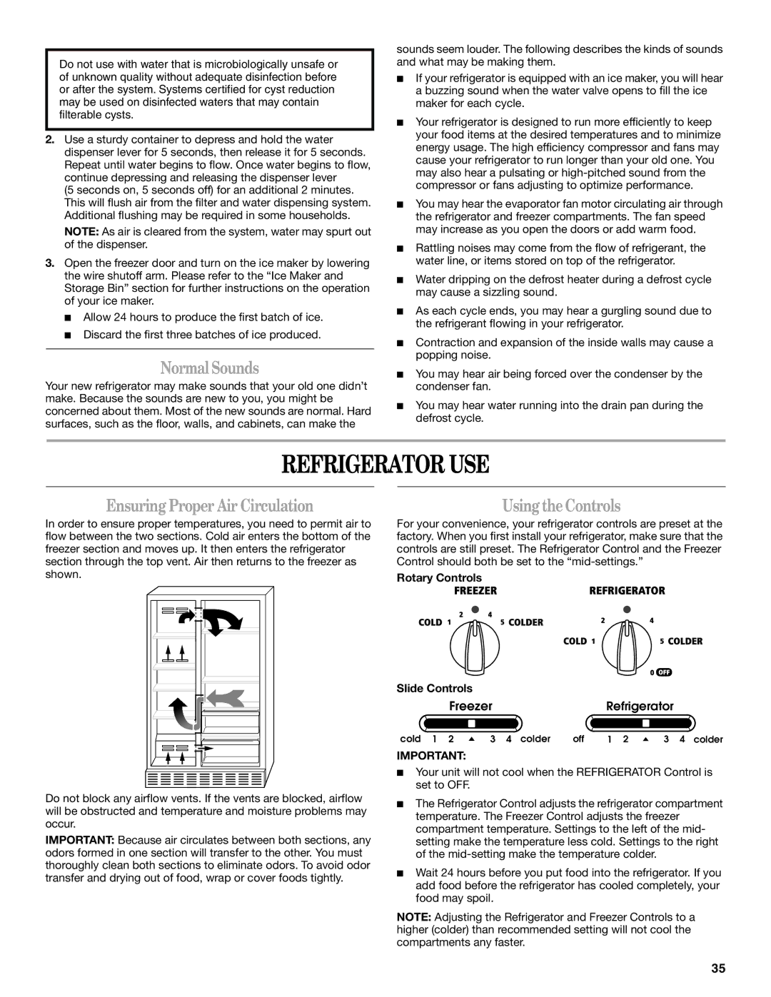 Whirlpool 7ED5HHE, 7ED5VHE, 7ED2HCQ Refrigerator USE, Normal Sounds, Ensuring Proper Air Circulation, Using theControls 