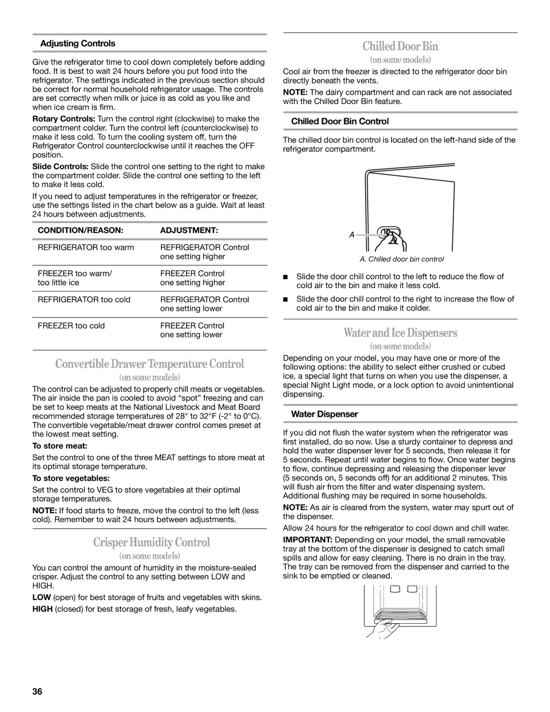 Whirlpool 7ED5VHE, 7ED5HHE, 7ED2HCQ manual ConvertibleDrawer Temperature Control, Crisper Humidity Control, Chilled Door Bin 