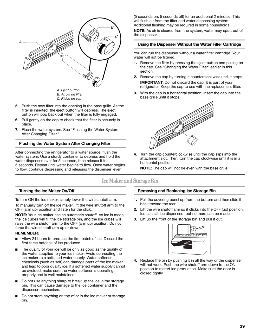 Whirlpool WD2040Q Ice Maker and Storage Bin, Flushing the Water System After Changing Filter, Turning the Ice Maker On/Off 