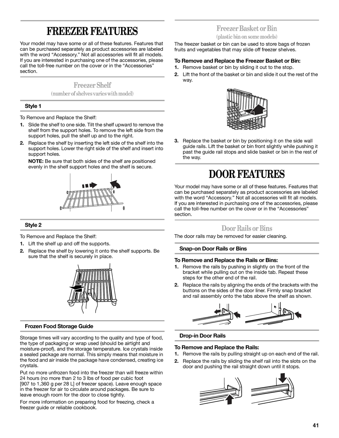 Whirlpool 7ED5VHE, 7ED5HHE manual Freezer Features, Door Features, Freezer Shelf, Freezer Basket or Bin, Door Rails or Bins 