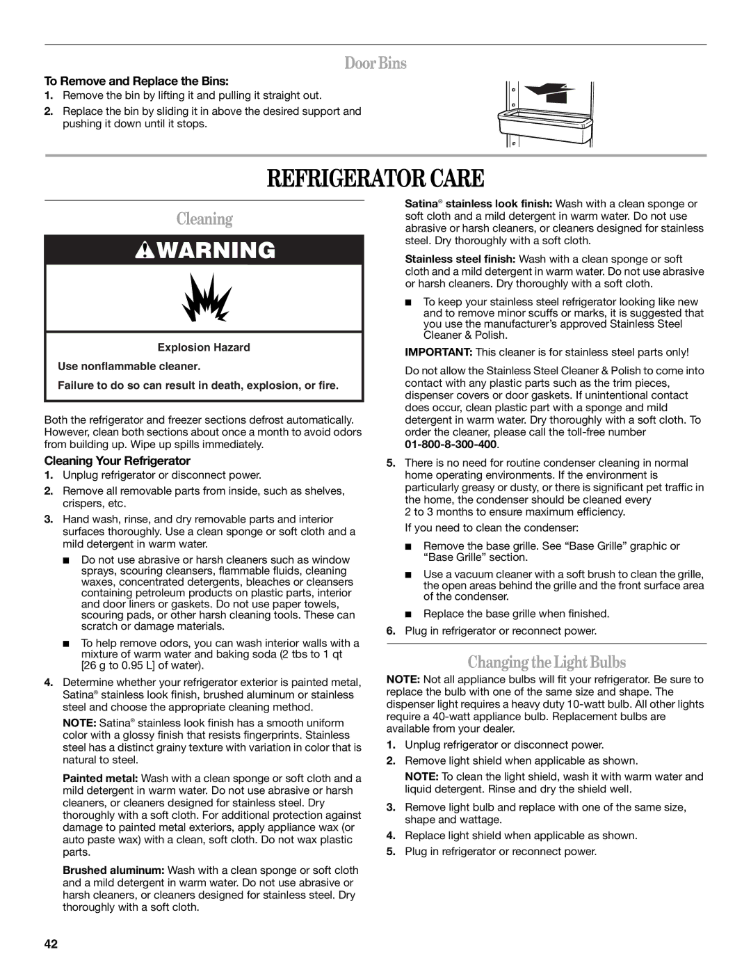 Whirlpool 7ED2HCQ, 7ED5HHE, 7ED5VHE, 7ED2HTQ, WD2040Q manual Refrigerator Care, Door Bins, Cleaning, Changing the Light Bulbs 