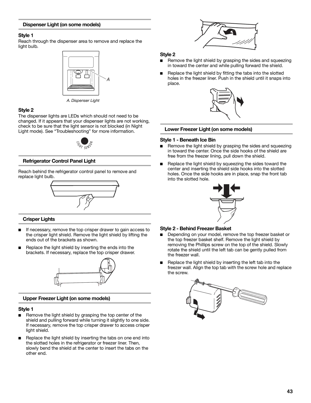 Whirlpool 7ED2HTQ, 7ED5HHE, 7ED5VHE Dispenser Light on some models Style, Refrigerator Control Panel Light, Crisper Lights 