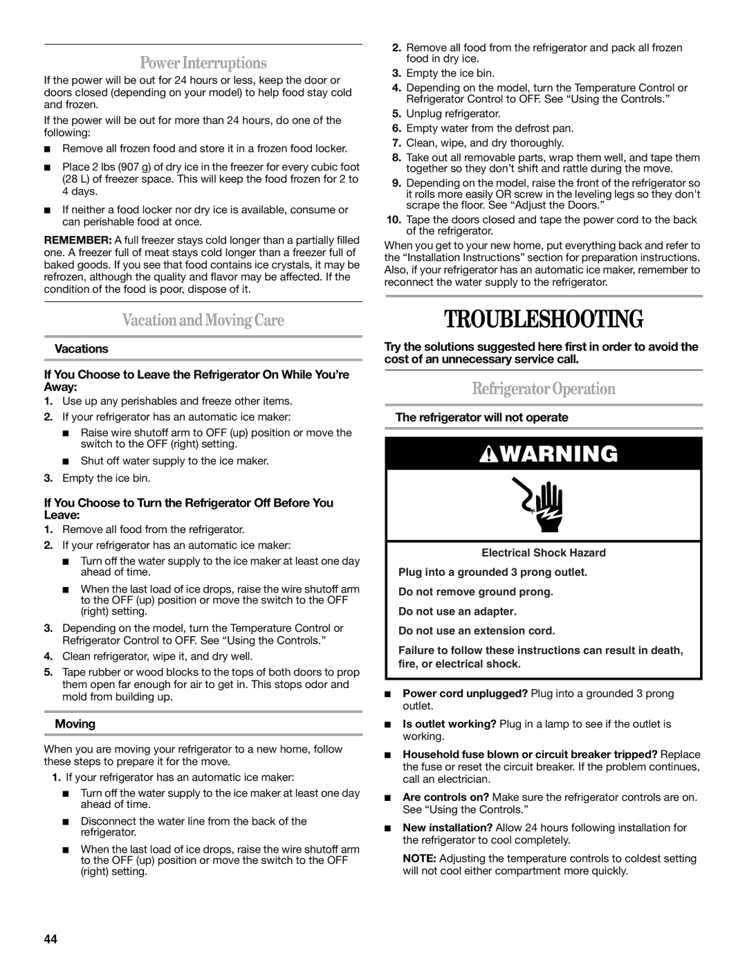 Whirlpool WD2040Q, 7ED5HHE, 7ED5VHE Troubleshooting, Power Interruptions, Vacationand Moving Care, Refrigerator Operation 