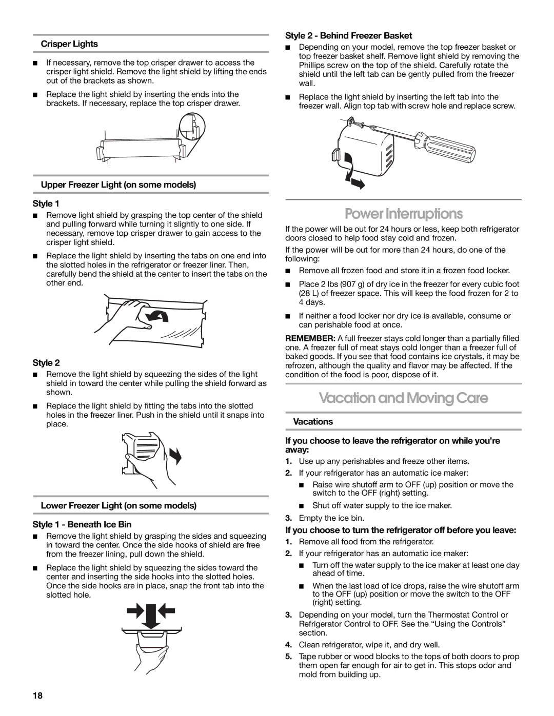 Whirlpool CS25AFXKQ01, 7GS6SHAXKQ01, 7ED7FHGXKQ01, 7GS6SHAXKB01, 7GS6SHAXKT00 Power Interruptions, Vacation and Moving Care 