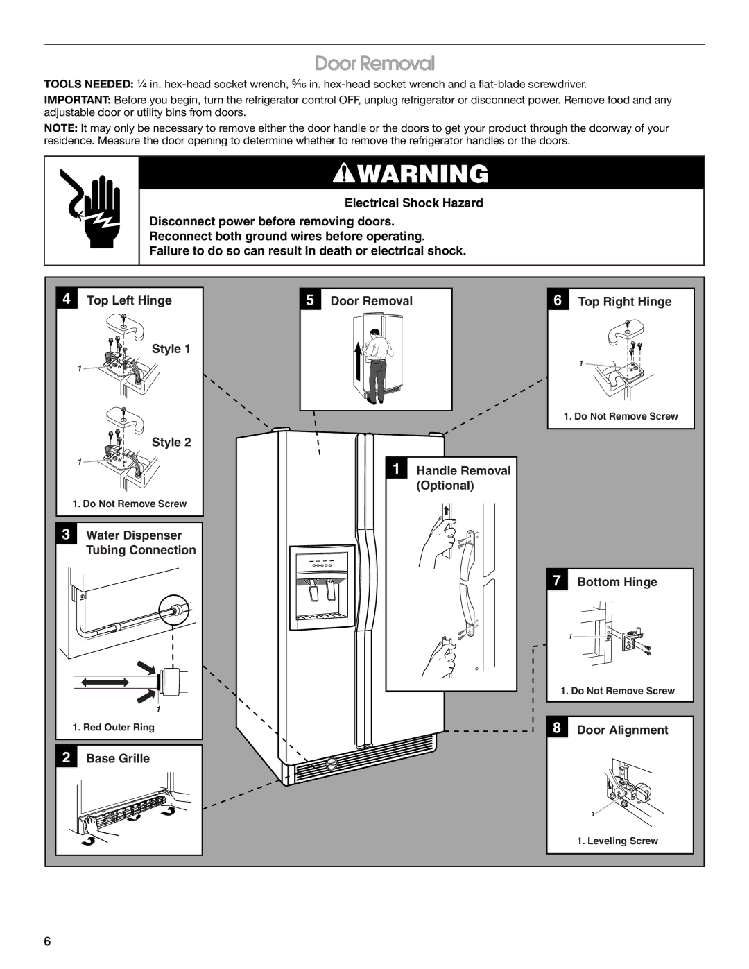 Whirlpool 7GS6SHAXKS02, 7GS6SHAXKQ01, 7ED7FHGXKQ01, 7GS6SHAXKB01, 7GS6SHAXKT00, 7GS6SHAXKB02, 7GS6SHAXKT01 manual Door Removal 