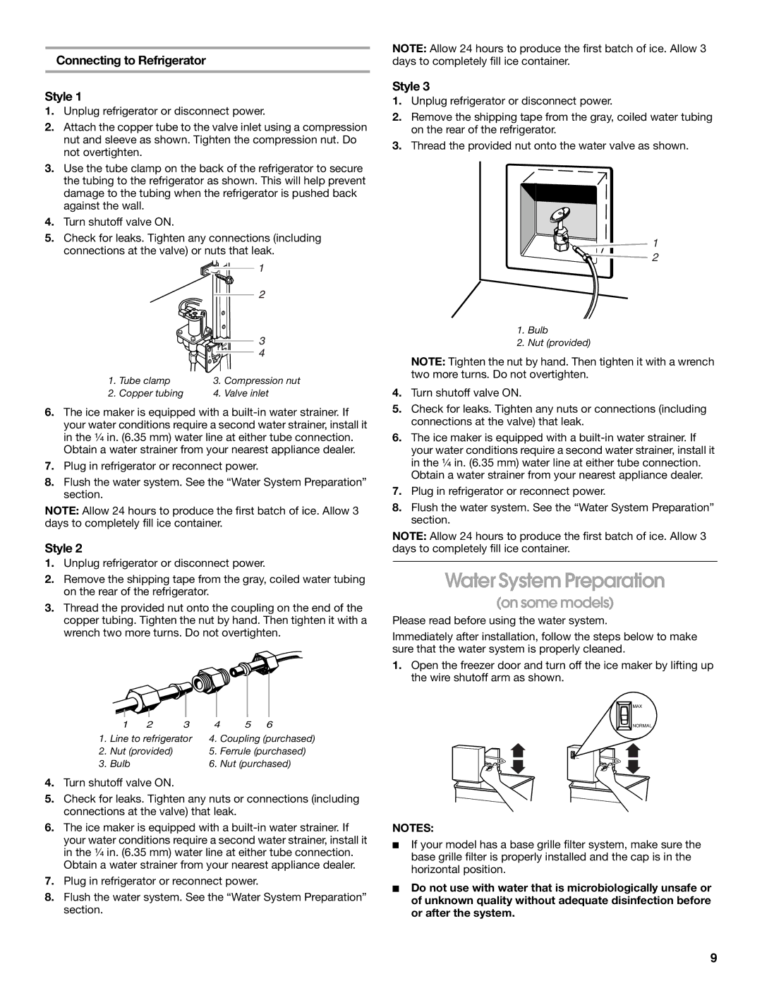 Whirlpool 7ED7FHGXKQ00, 7GS6SHAXKQ01, 7ED7FHGXKQ01, 7GS6SHAXKB01 Water System Preparation, Connecting to Refrigerator Style 