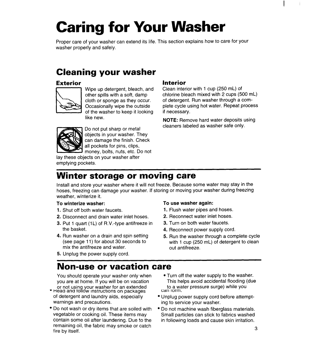 Whirlpool 7LSC9355BN0 warranty Caring for Your Washer, Cleaning your washer, Winter storage or moving care 