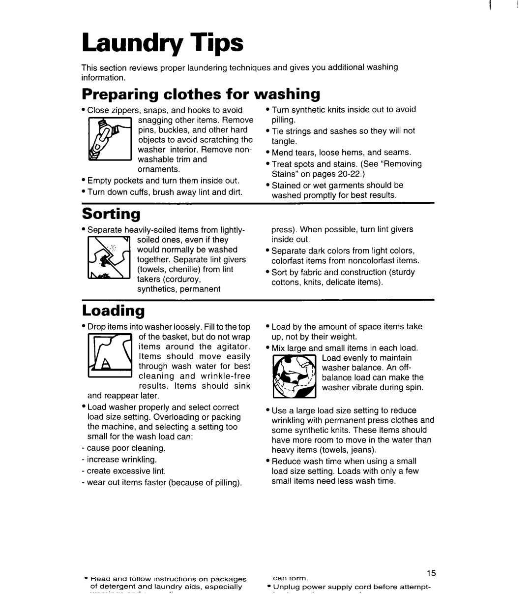 Whirlpool 7LSC9355BN0 warranty Laundry Tips, Preparing clothes for washing, Sorting, Loading 