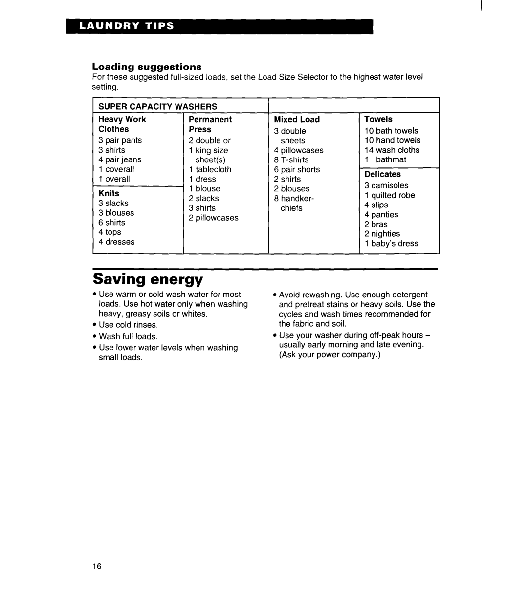 Whirlpool 7LSC9355BN0 warranty Saving energy, Loading suggestions, Capacity Washers 