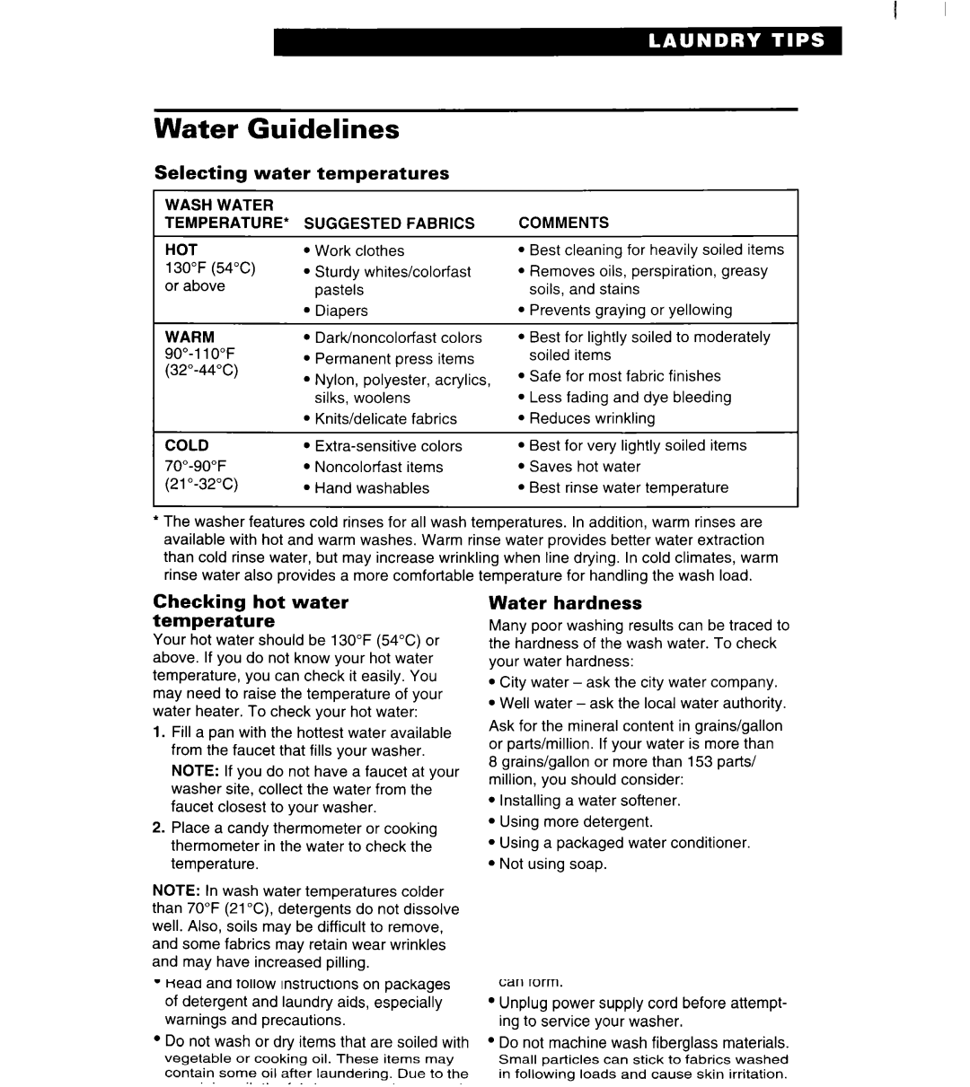 Whirlpool 7LSC9355BN0 Water Guidelines, Selecting Water Temperatures, Checking hot water temperature, Water hardness 