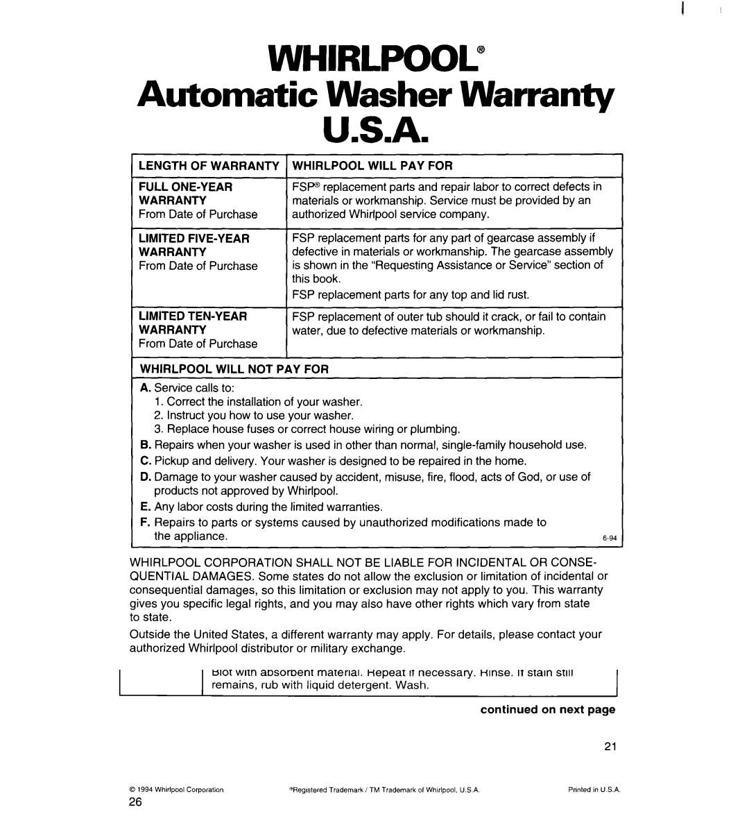 Whirlpool 7LSC9355BN0 Automatic Washer Warranty, Length of Warranty, Limited TEN-YEAR Warranty, Whirlpool will PAY for 