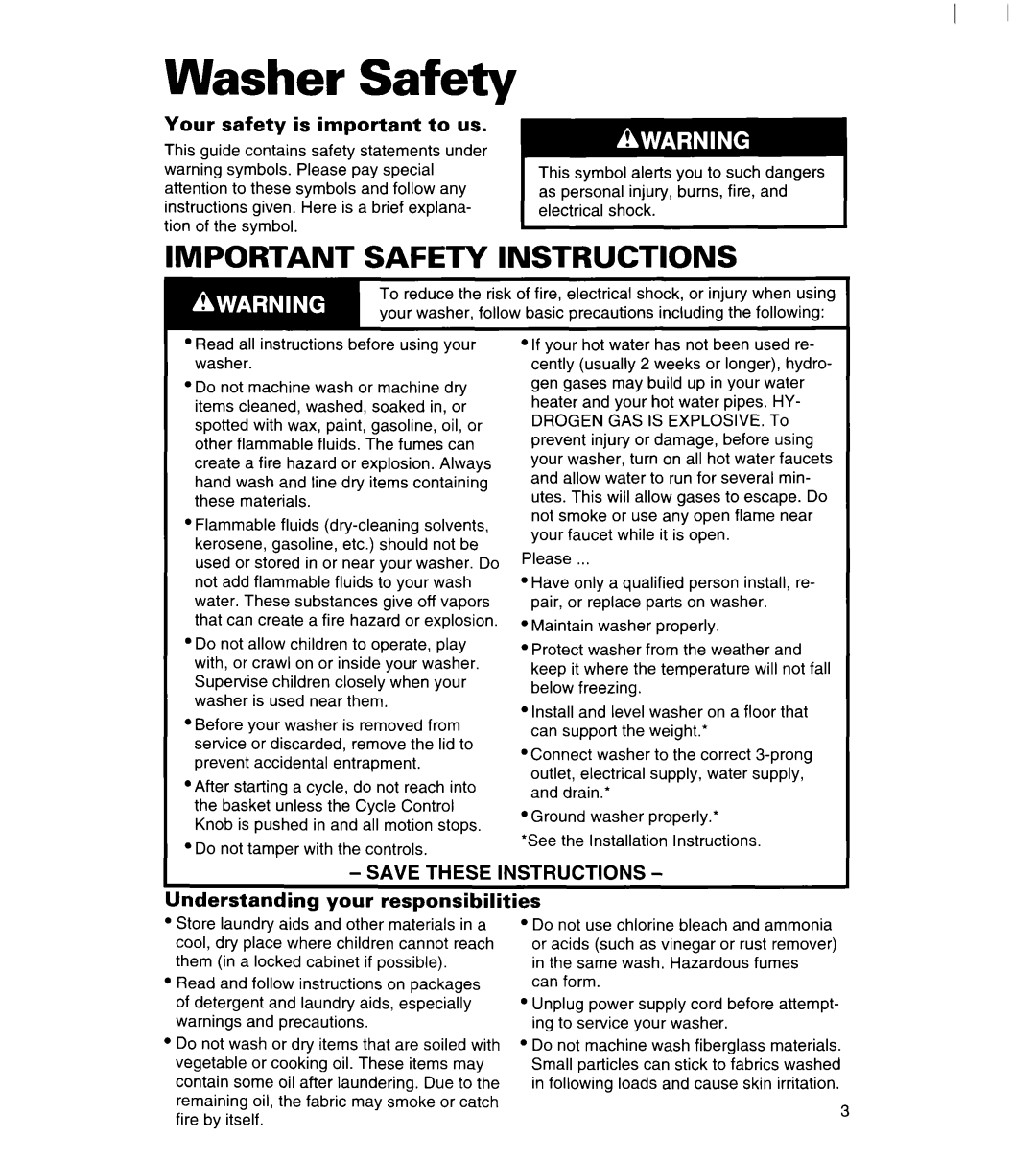 Whirlpool 7LSC9355BN0 warranty Washer Safety, Your safety is important to us, Jnderstanding your responsibilities 