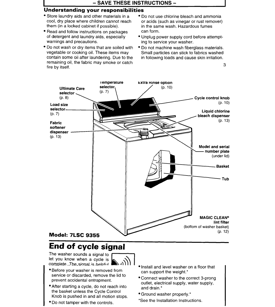 Whirlpool 7LSC9355BN0 warranty Parts and Features, End of cycle signal, Model 7LSC 9355 