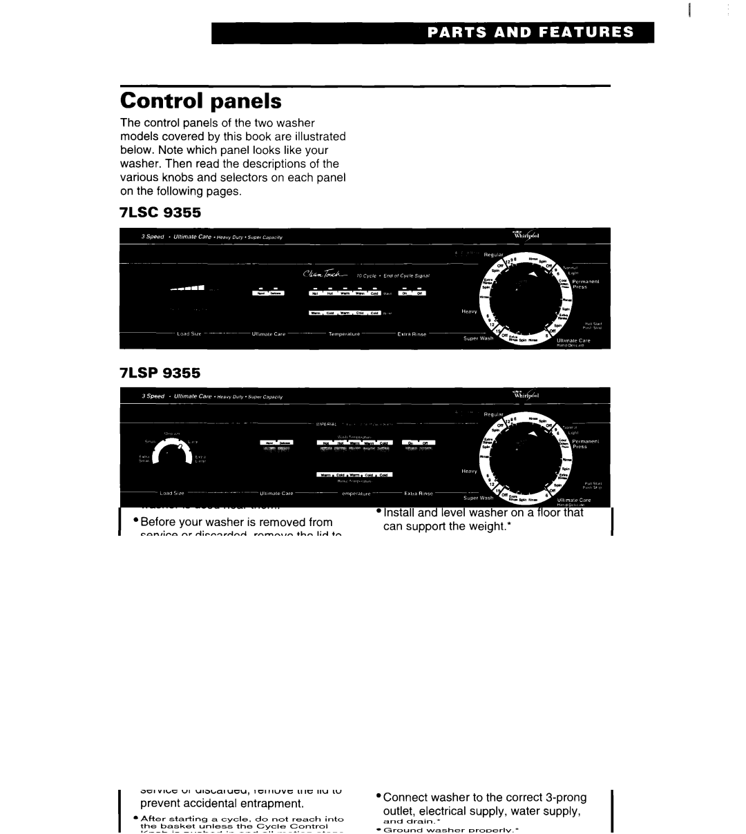 Whirlpool 7LSC9355BN0 warranty Control panels, 7LSC 7LSP 