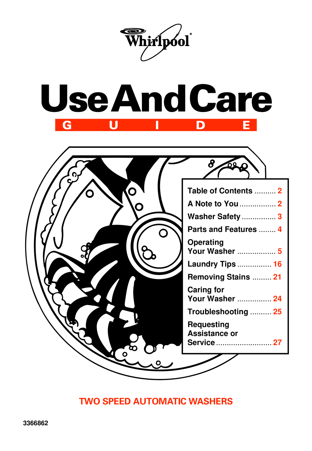 Whirlpool 7LSR8244EQ0 manual Washer Safety, 3366862 