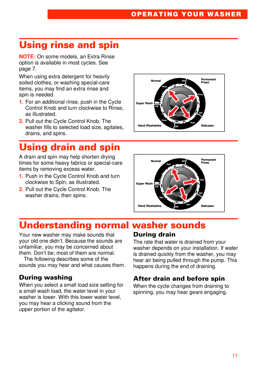 Whirlpool 7LSR8244EQ0 manual Using rinse and spin, Using drain and spin, Understanding normal washer sounds 