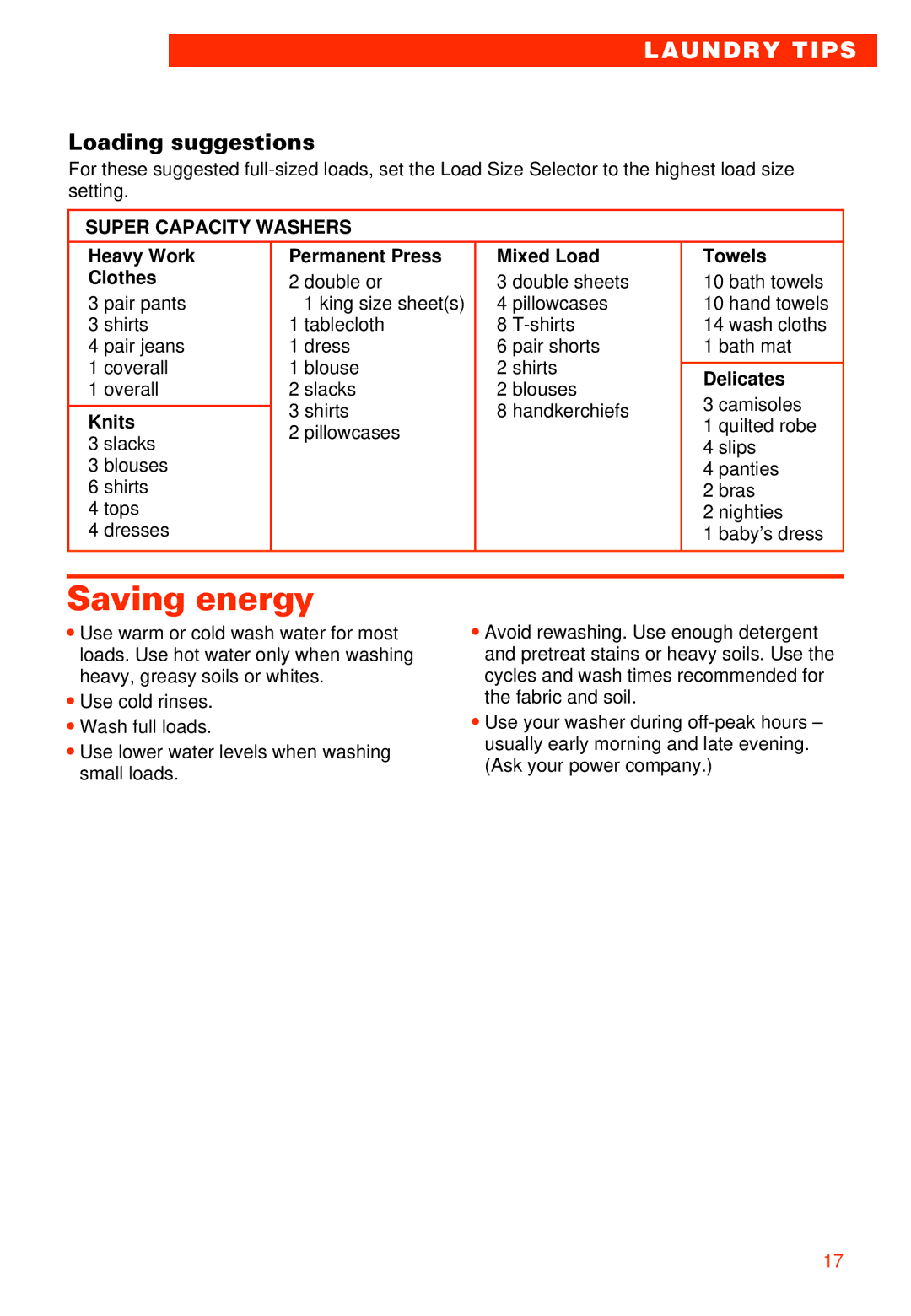 Whirlpool 7LSR8244EQ0 manual Saving energy, Loading suggestions, Super Capacity Washers 