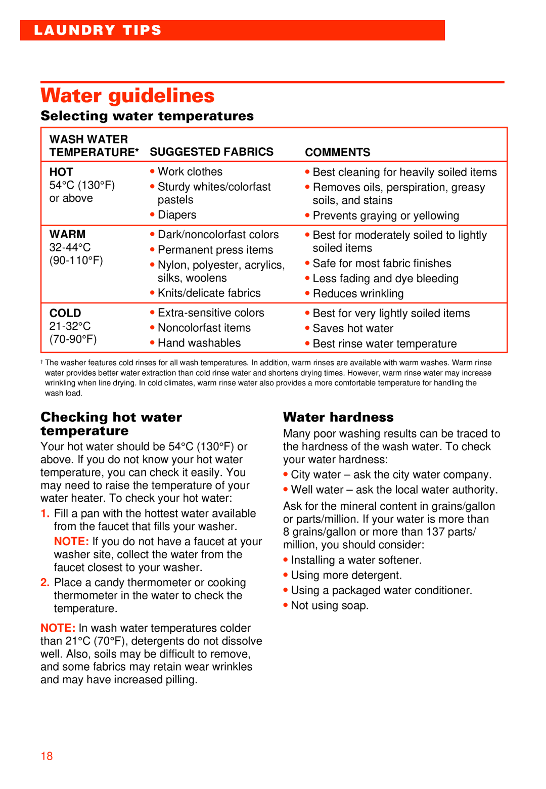 Whirlpool 7LSR8244EQ0 manual Water guidelines, Selecting water temperatures, Checking hot water temperature, Water hardness 