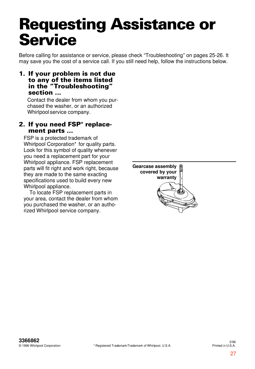 Whirlpool 7LSR8244EQ0 manual Requesting Assistance or Service, If you need FSP* replace- ment parts … 