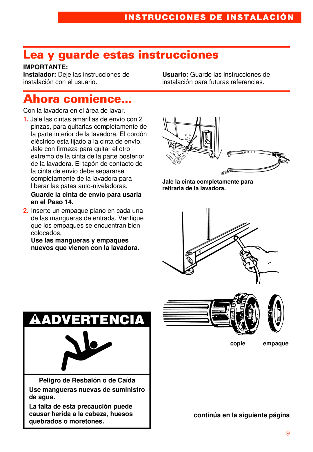 Whirlpool 7LSR8244EQ0 manual Lea y guarde estas instrucciones, Ahora comience, Importante, Continúa en la siguiente página 