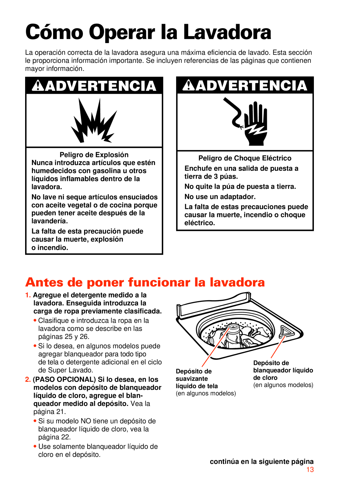 Whirlpool 7LSR8244EQ0 manual Cómo Operar la Lavadora, Antes de poner funcionar la lavadora, Incendio 