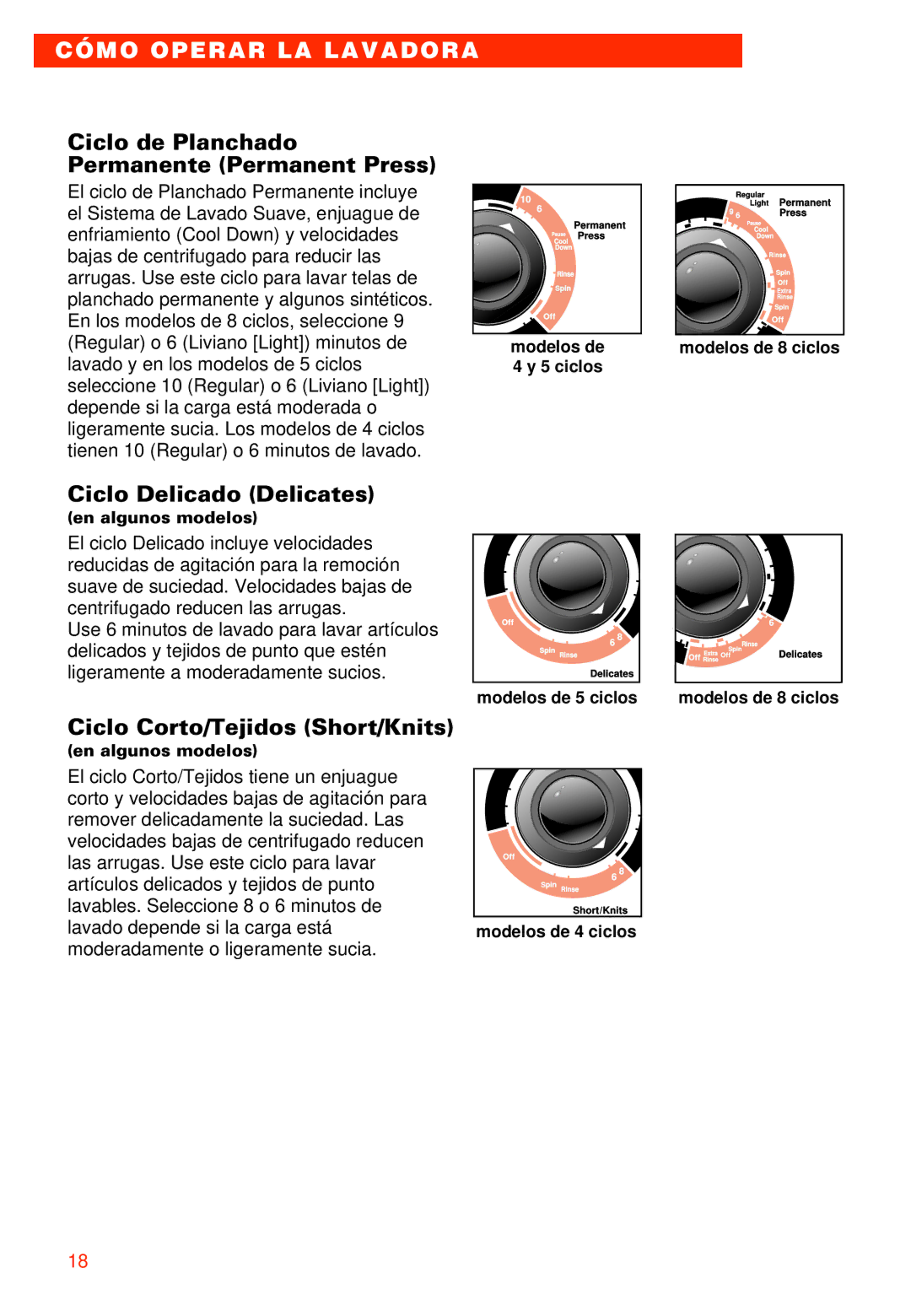 Whirlpool 7LSR8244EQ0 manual Ciclo de Planchado Permanente Permanent Press, Ciclo Delicado Delicates 